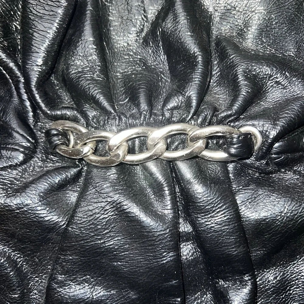 Nine West Black Patent Leather 2 Twist Handle  Purse Handbag With Chain Detail